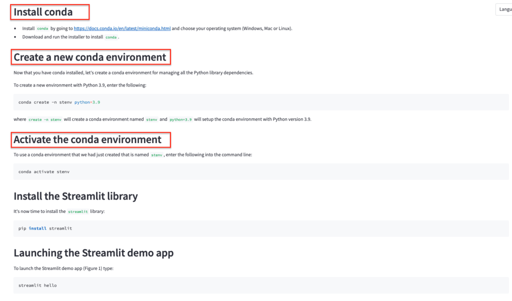 Day 1 of 30 Days of Streamlit, with the conda install, create environment and activate environment steps highlighted