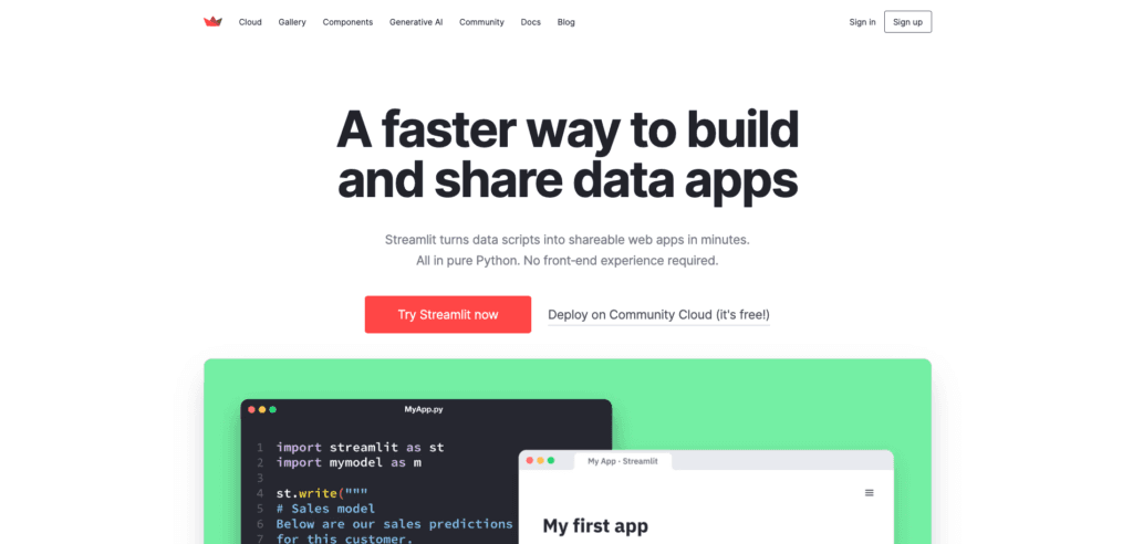Streamlit homepage: "A faster way to build and share data apps"